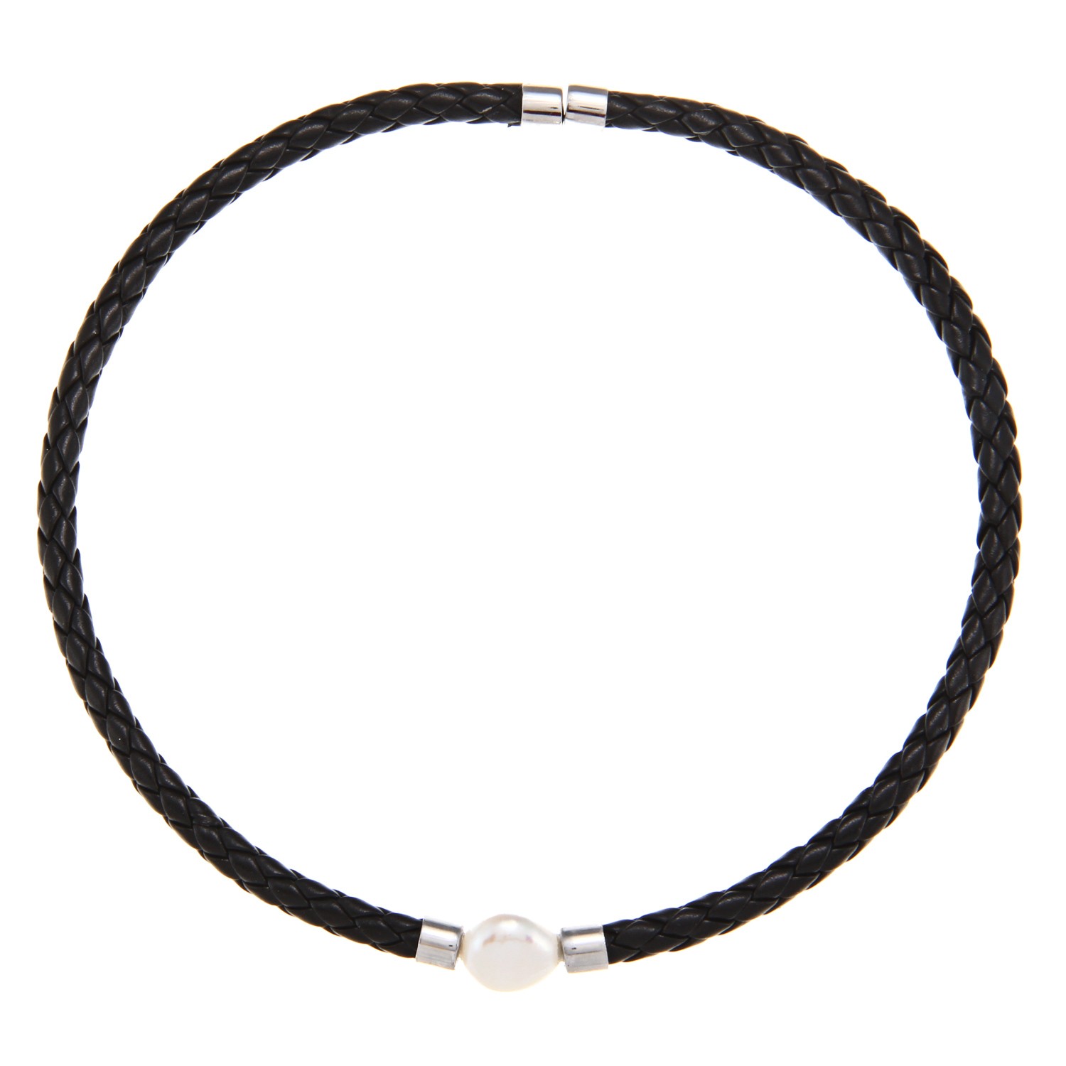 DaVonna Black Braided Leather and FW Pearl Chocker Necklace