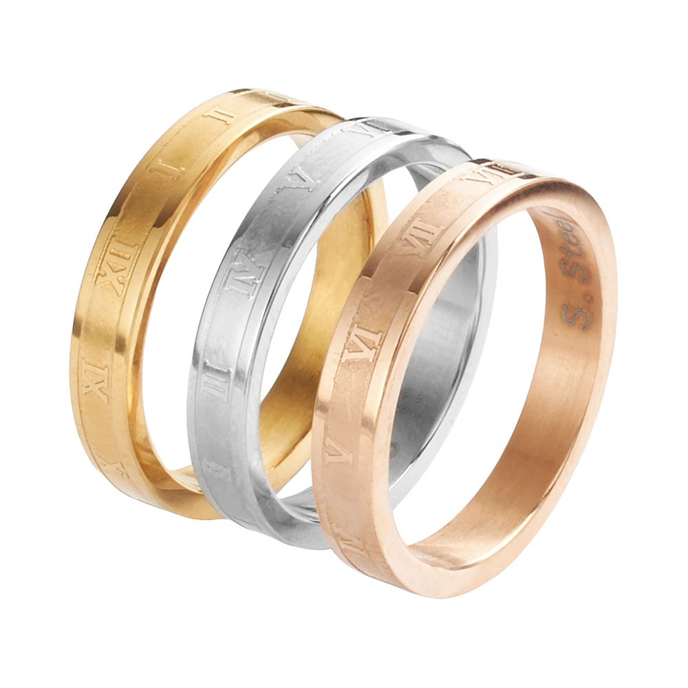 Steel City Stainless Steel Tri-Tone Roman Numeral Stack Ring Set