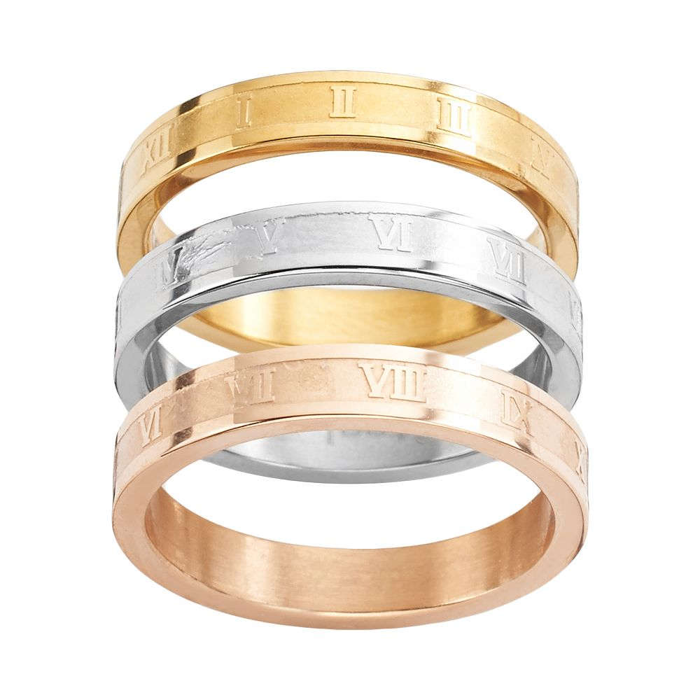 Steel City Stainless Steel Tri-Tone Roman Numeral Stack Ring Set 2