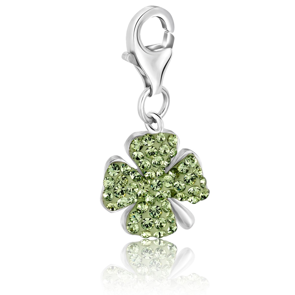Clover Leaf Green Crystal Decorated Charm in Sterling Silver