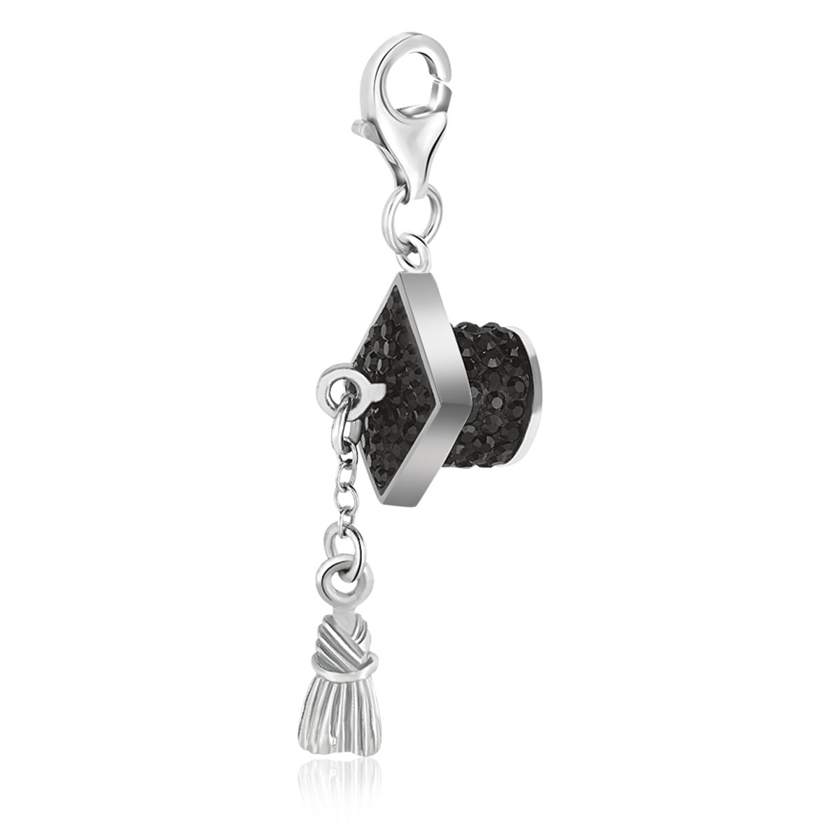 Graduation Hat Black Crystal Encrusted Charm in Sterling Silver