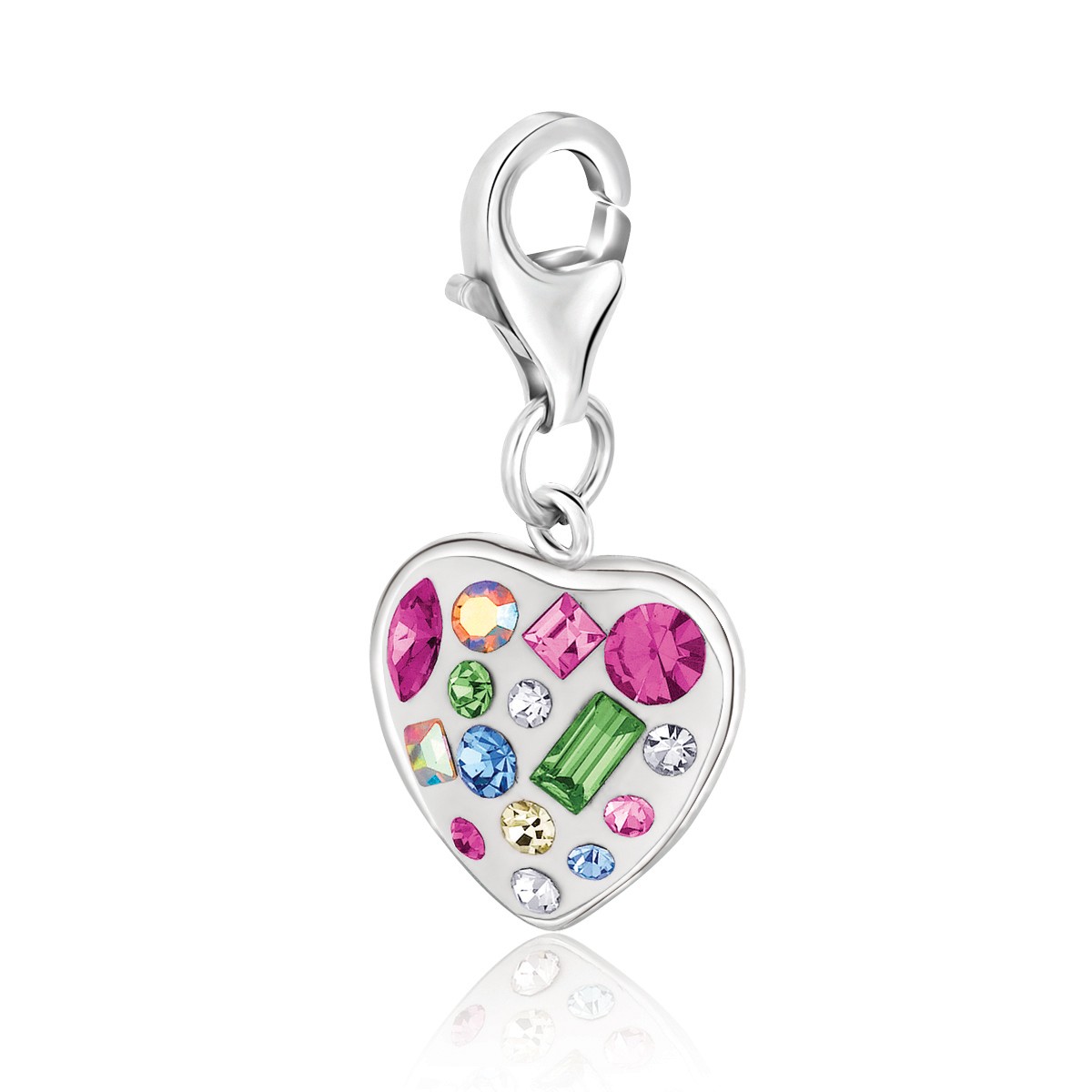 Heart Multi Tone Crystal Decorated Charm in Sterling Silver