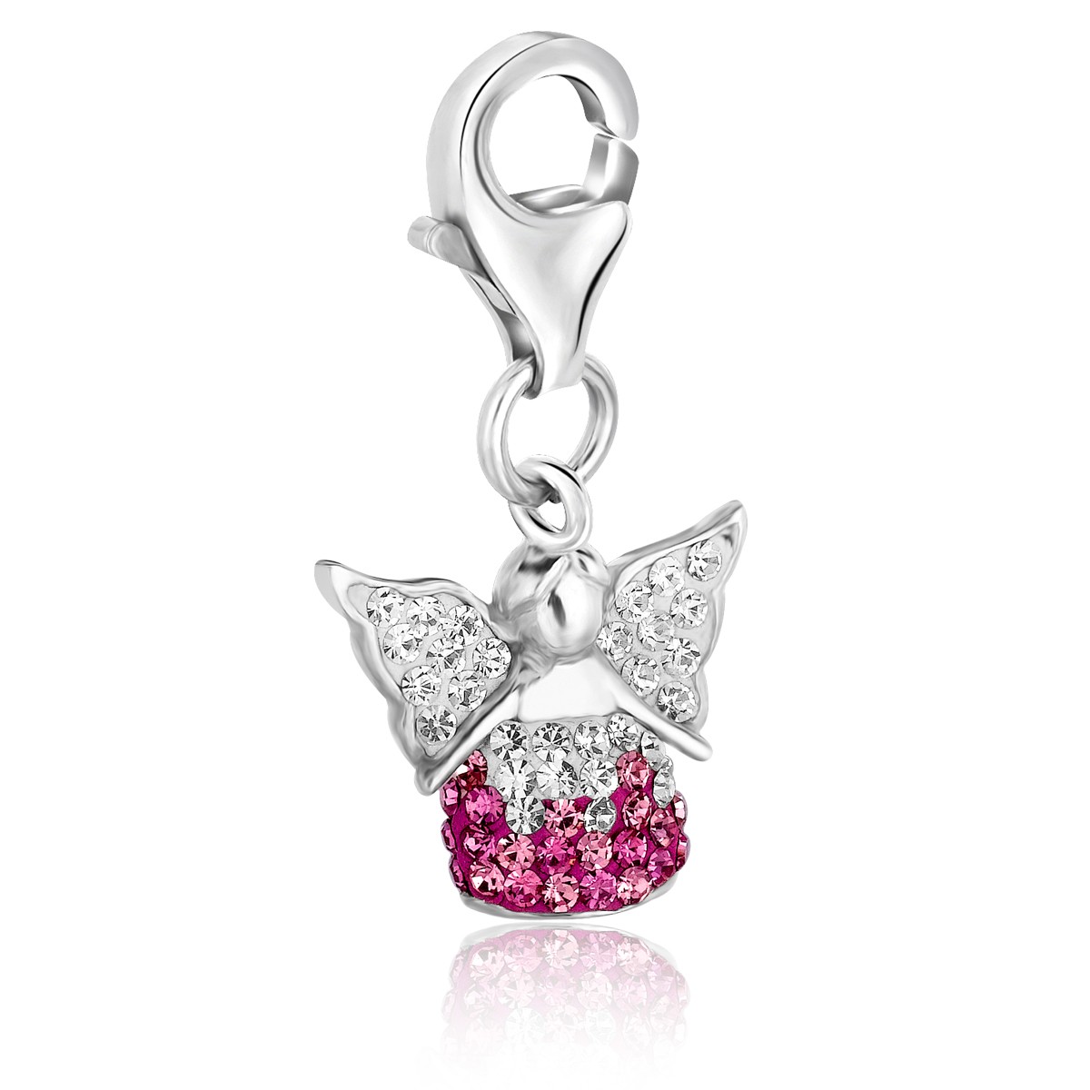 Angel White and Pink Crystal Encrusted Charm in Sterling Silver